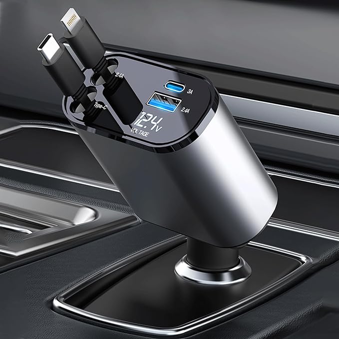Retractable Car Charger with 100W Fast Car Charger 4 in 1 for iPhone and Type C, Retractable Cables (80cm) and 2 Charging Ports, Compatible with iPhone 15/14/13/12 Pro Max XR