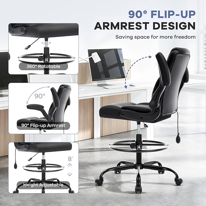 Leather Drafting Chair, Tall Office Chair for Standing Desk, High Executive Office Chair with Inflatable Lumbar Support,Adjustable Height,Flip-up Armres and Foot Ring Studio Chair Black