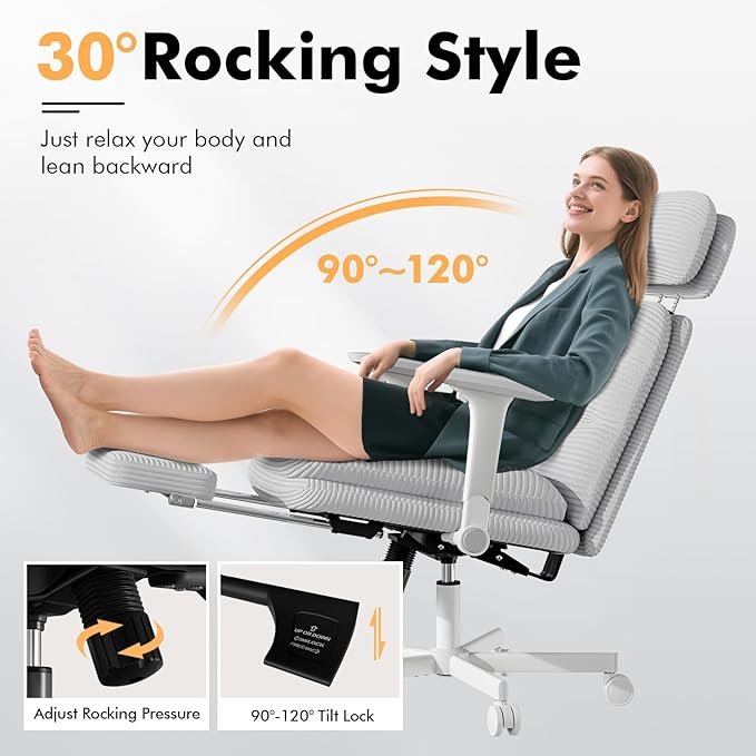 GXJ Criss Cross Chair with Wheels & Flip-up Arms, Executive Office Chair with Foot Rest, Swivel Cross Legged Office Chair with Lumbar Pillow, Corduroy Comfy Computer Desk Chair for Home, Grey