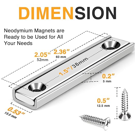 TRYMAG Neodymium Bar Magnets Countersunk, 80 Lbs Rectangle Pull 60x13.5x5mm, 15 Rap Earth Magnet Strip Pack - Wall Mounting, Heavy Duty with Screws