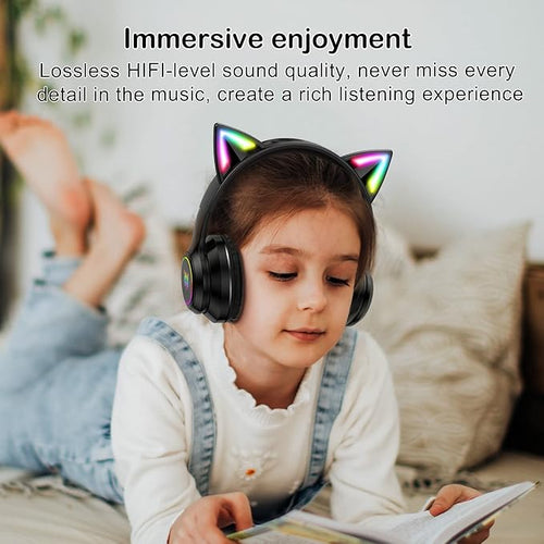 Bluetooth Cat Ear Headphones for Kids & Adults, Wireless & Wired Mode Foldable Headset with Mic - Clear Sound Quality - RGB LED Light, for Girls School Gaming, for Phone/Laptop/PC/Tablet, Black