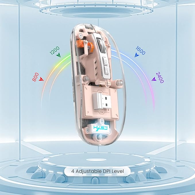 A.JAZZ Wireless Bluetooth5.1&2.4G Mini Lightweight Mouse,Transparent Clear Cool,Rechargeable Silent Computer Mice,Nano USB C Receiver,LED Battery Magic Silm for Office/PC/Mac/Laptop/Apple/ipad(Pink)