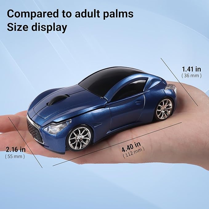 Elec Space Wireless Car-Shape Mouse With LED Headlights, 2.4G Unique for Kids, USB Receiver, 1600 DPI Cool Gaming for Laptop PC Computer - Pearl Blue