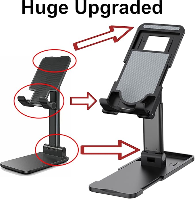 Cell Phone Tablet Stand Mount Fully Foldable Dock Holder Cradle Charger Station Desk Room Office School Kitchen Travel Portable Adjustable Multi-Angle Non-Slip Durable Stable (Black)