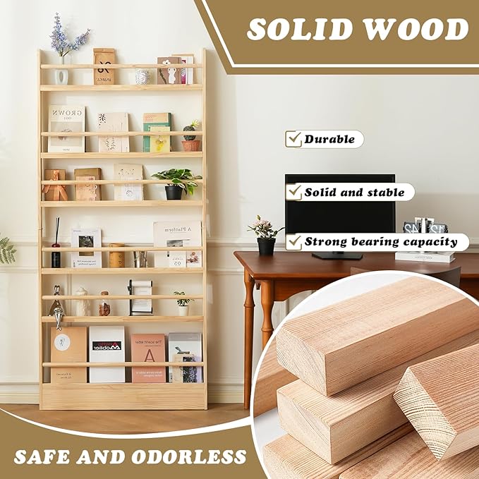 Baveke Kids Bookshelf, 6 Tier Shelves Behind The Door Book Shelf Storage, Children's Solid Wood Bookcase, Wall Mount Bookshelf for Bedroom, Living Room, Nursery（（FSC-Certified Wood））