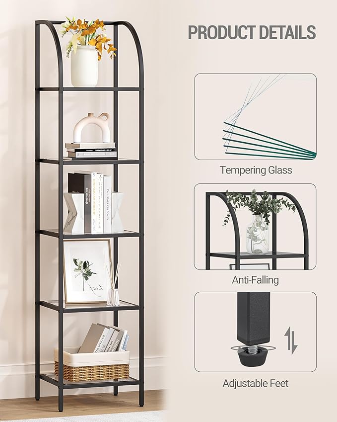 Hzuaneri Bookcase Bookshelf, Tempered Glass Arched Bookshelf for More Storage, Slim Shelving Unit for Bedroom, Bathroom, Home Office, Steel Frame, 5 Tier Black BC20599B