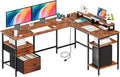 DUMOS L Shaped Gaming Desk with Charging Station & 2 Monitor Stands, Computer Desk with Drawer & Adjustable Storage Shelves, Large Corner Desk for Home Office, 62 Inch Rust Wood