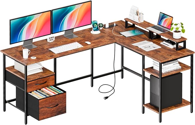 DUMOS 62 Inch L Shaped Gaming Desk with Charging Station & 2 Monitor Stands, Computer Desk with Drawer & Adjustable Storage Shelves, Large Corner Desk for Home Office, Brown