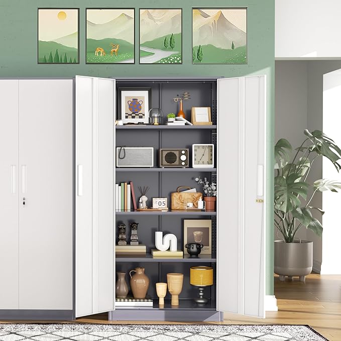 Greenvelly Metal Storage Cabinet,72” Metal Cabinet Storage with Doors and 4 Adjustable Shelves,Tall Storage Cabinet for Home,School,Gym(Grey White)