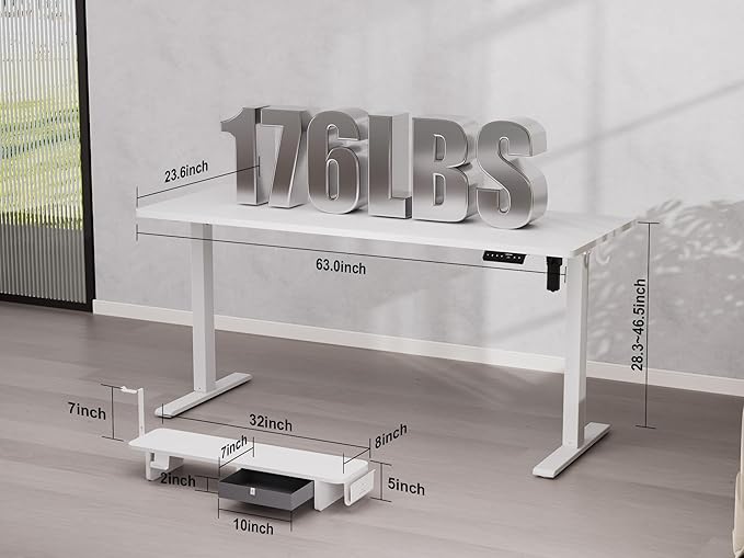 WALKINGDESK 63x24 Inches Electric Standing Desk with Drawer and Monitor Stand, Height Adjustable Sit to Stand up Desk for Home Office, Ergonomic Computer Table with Phone Holder, 3 Hooks, White