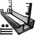 No Drill Under Desk Cable Management Tray with clamp-Premium Wire Tray Cord Organizer – Thin Steel Cable Tray Basket with Charger Holder for Desk–Black Cable Management Box–Easy to Install