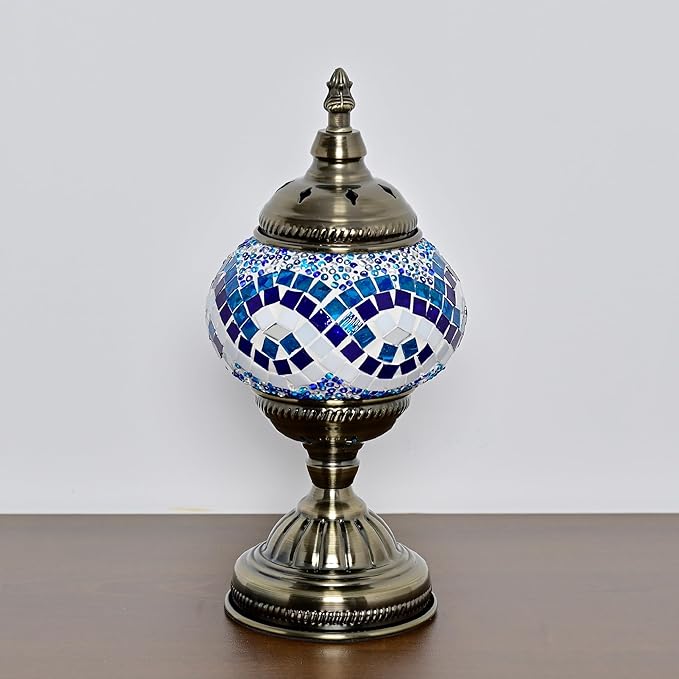 GOGERS Turkish Moroccan Table Lamp Lantern with Handmade Mosaic Glass Lampshade Tiffany Style Bohemian Stained Glass Decorative Desk Lamps Bedside Night Lights for Bedroom (White Multiple Blues)