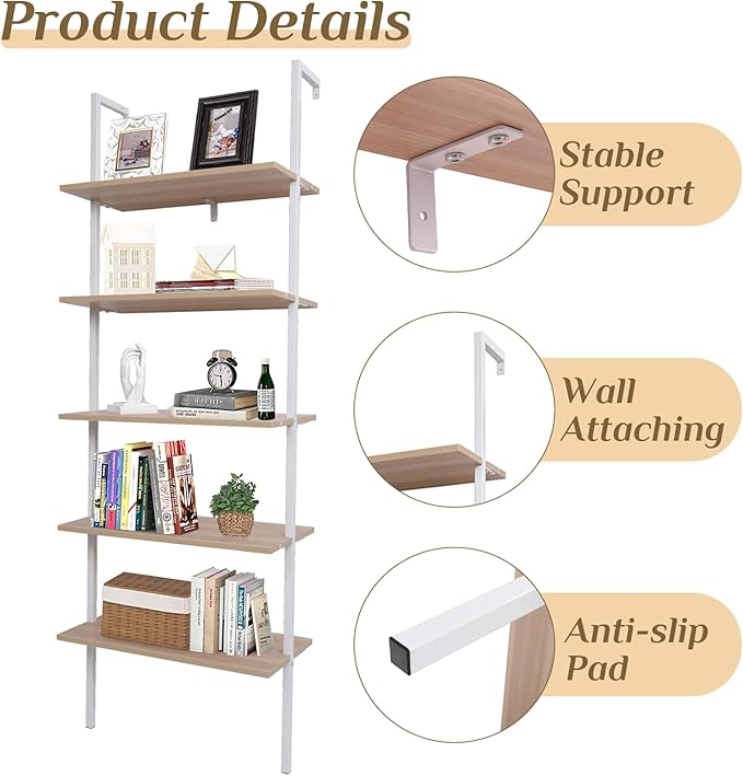 Karl home Ladder Shelf 5 Tier Wall Mounted Bookcase with Metal Frame, Open Design Shelves for Living Room, Bedroom, Home, Office, Oak Color (23.62" L x 11.81" W x 70.87" H)