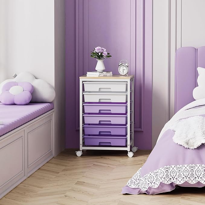 SYKIARIOL Rolling Cart with Drawers,Utility Cart with 6 Drawers,Rolling Storage Cart with Drawers and Wooden Tabletop & Lockable Wheel,Purple