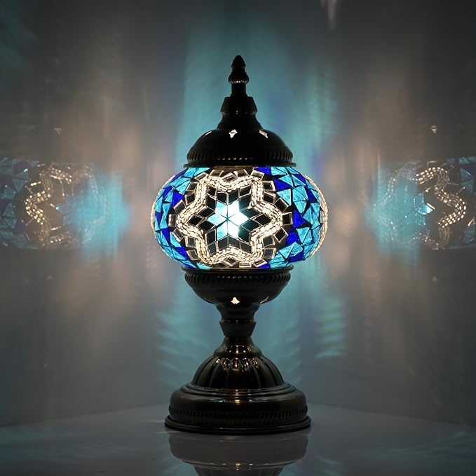 GOGERS Turkish Moroccan Table Lamp Lantern with Handmade Mosaic Glass Lampshade Tiffany Style Bohemian Stained Glass Decorative Desk Lamps Bedside Night Lights for Bedroom (Blue White)