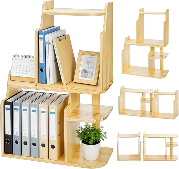 Desk Shelf Organizer, Adjustable Wood Desktop Organizers, Office Storage Rack, Small Tabletop Bookshelf, Freestanding Corner Display Shelf, Multi-Combination Desk Hutch for Dorm Home Study