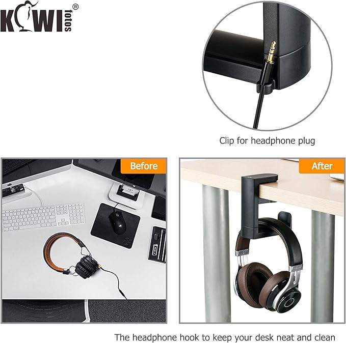 KIWIFOTOS Headphone Stand Holder Under Desk, PC Gaming Headset Hook Hanger Mount with 360 Adjustable Rotating Arm Clamp & Built in Cable Clip - Black