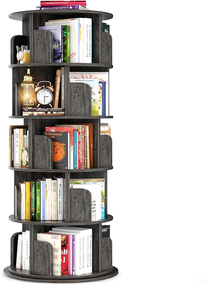 Besiost Rotating Bookshelf Tower, 5 Tier Spinning Bookcase, Revolving 360 Book Shelf Narrow Tall Bookcase, Vertical Turning Round Bookshelf Organizer, Wood Corner Book shelf for Small Space, Black Oak