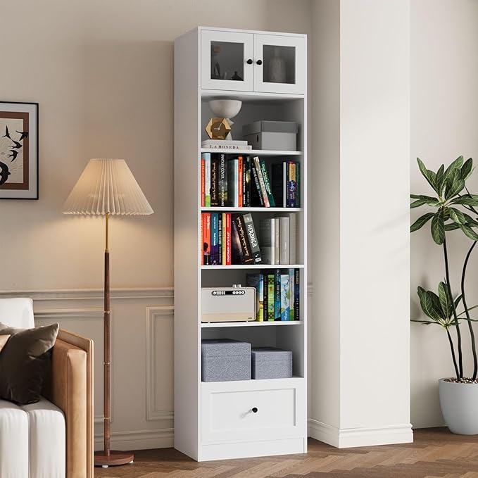 TUSY 85.5 Inch Tall Bookshelf with Doors - 7 Tier Bookcase with Glass Doors and Drawer, 23.6" Wide Storage Cabinet with Open Shelves for Living Room, White Book Shelf for Home Office, Study (B)