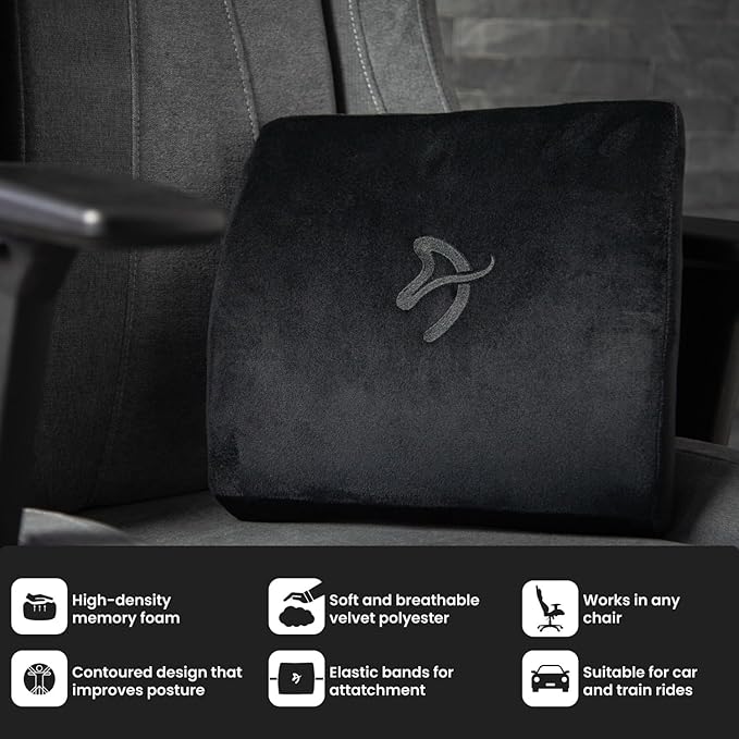 Arozzi Memory Foam Lumbar Support Pillow Relieves Backache and Fatigue After Long Periods of Sitting Down Working or Gaming - Black