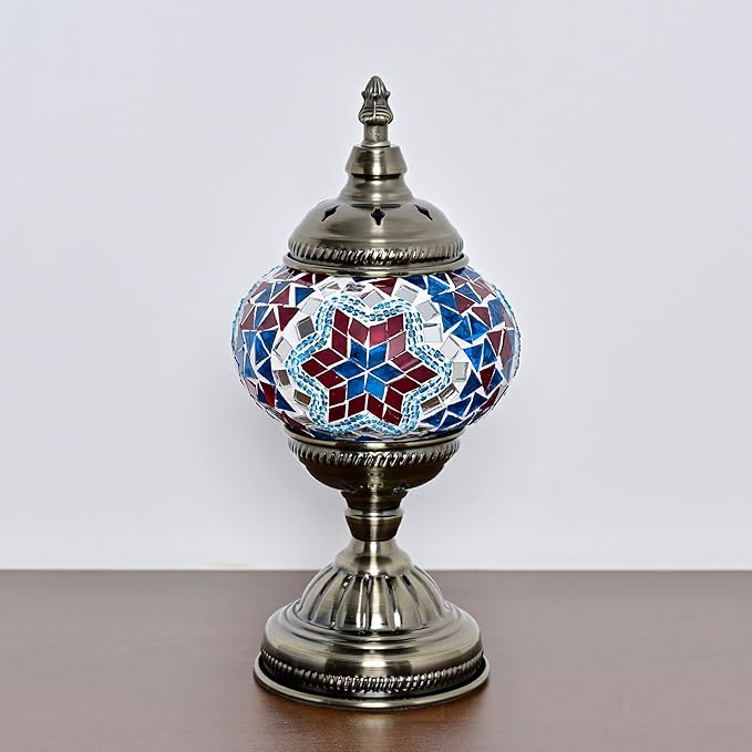 GOGERS Turkish Moroccan Table Lamp Lantern with Handmade Mosaic Glass Lampshade Tiffany Style Bohemian Stained Glass Decorative Desk Lamps Bedside Night Lights for Bedroom (Blue Red)