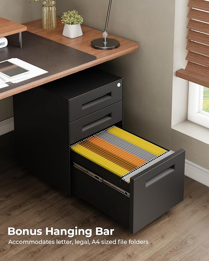 Dripex 3 Drawer Black File Cabinet, Mobile Under Desk Storage File Cabinet with Lock on Wheels, Fully Assembled, Letter/Legal Size, Small Short Vertical Metal Rolling Filing Cabinets for Home Office