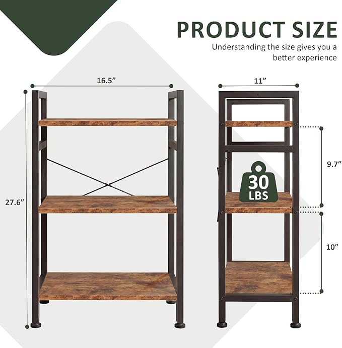 3 Tier Bookshelf, Free Standing Wooden Bookcase with Open Storage Shelves with Metal Frame, Sturdy Shelf Organization Display Rack for Living Room, Bedroom, Home Office, 27.6" Tall, Brown