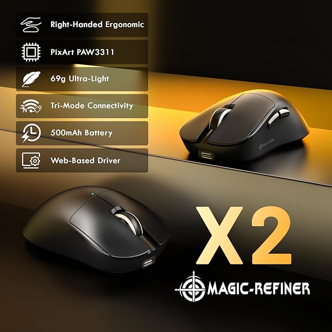 MAGIC-REFINER X2 69g Superlight Wireless Gaming Mouse,BK3633 Tri-Mode BT/2.4G Wireless/Wired Mouse,25000 DPI,1000Hz Polling Rate,500mAh,Med to Large Hand Size,5 Programmable Buttons for PC/Mac,Black