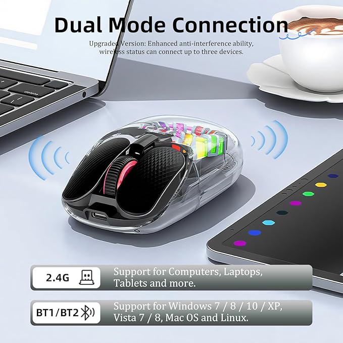 Wireless Bluetooth Mouse, Transparent BT+2.4G Dual-Mode Gaming Mouse with Magnetic Top Cover, Rechargeable RGB Backlit Computer Mouse for Laptop, PC, MacBook, iPad (Black)