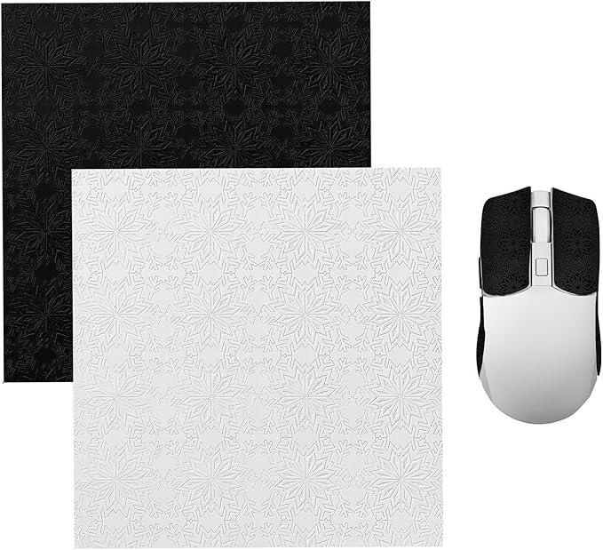 BOROLA DIY Adhesive Universal Mouse Anti-Slip Snowflake Grip Tape, Cut Sweat-Absorbing Ultra-Thin 0.3mm Non-Slip Gaming Mice Skins Stickers for Any Brand(2PCS Black+White, 12x11.5cm/4.7x4.5in)