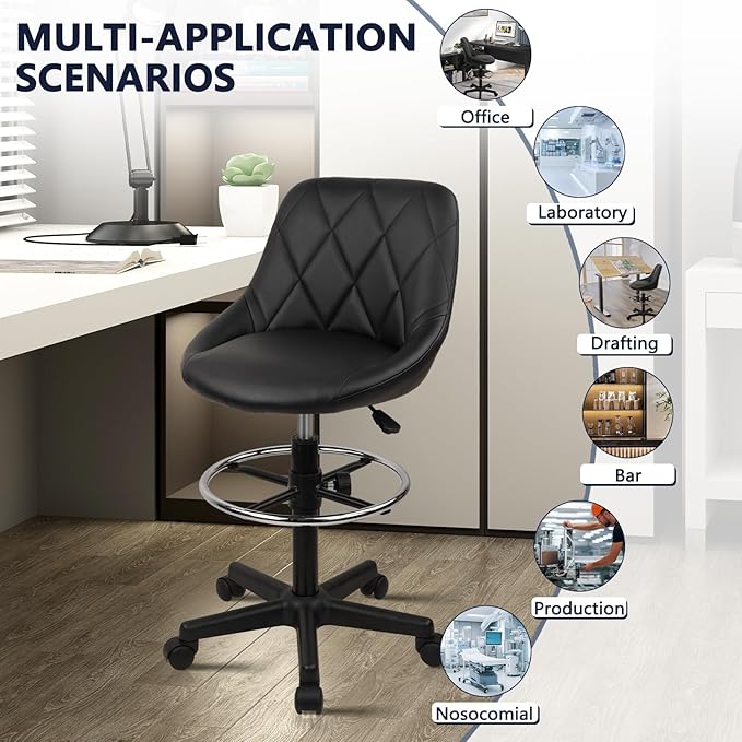 KLASIKA Drafting Chair with Back, Leather Rolling Swivel Stool with Adjustable Height and Footrest, Ergonomic Tall Standing Desk Office Chairs with Wheels for Home Work Shop Kitchen Bar, 1PK