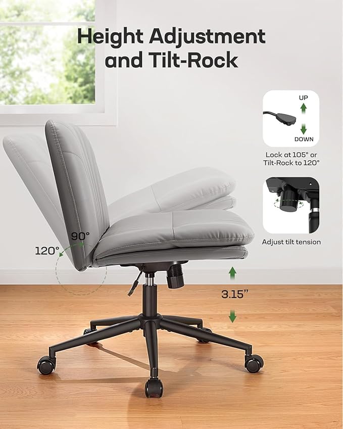 Marsail Armless-Office Desk Chair with Wheels: PU Leather Cross Legged Wide Chair,Comfortable Adjustable Swivel Computer Task Chairs for Home,Office,Make Up,Small Space,Bed Room, Grey