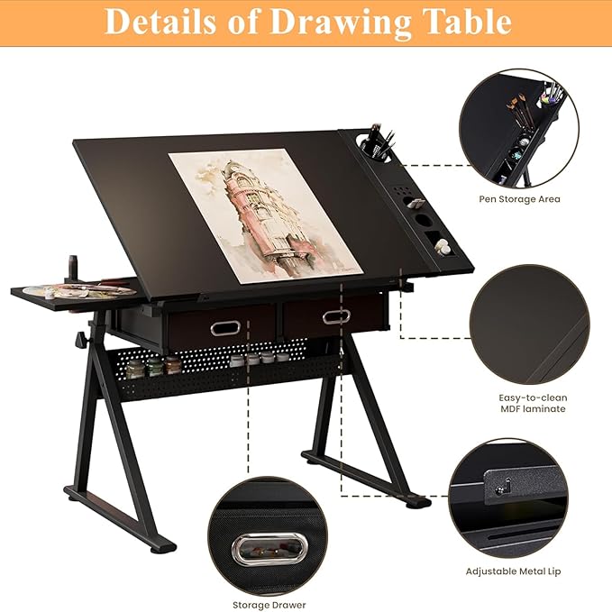 Drafting Table, Height Adjustable Drawing Table Art Table with Stool, 0-75° Tilted Tabletop Artist Desk Painting Table with Storage for Home Office School, Type 4-Black
