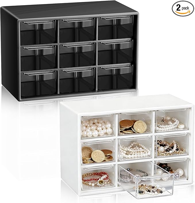 Wenqik 2 Pcs Mini Storage Drawers Teacher Toolbox Organizer with 9 Clear Drawers Small Plastic Desktop Teacher Desk Craft Organizer for Classroom Office 7" x 3. 9" x 4. 7" (Black, White)