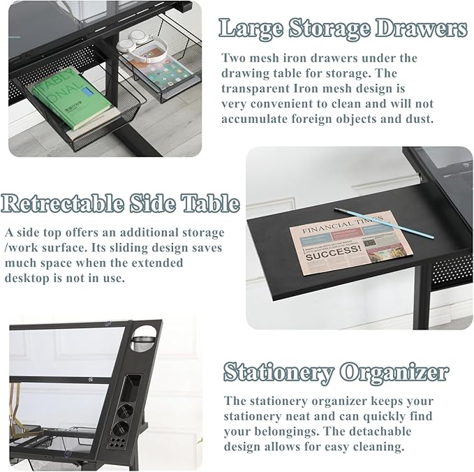 Glass Drafting Table, Height Adjustable Drawing Table with Storage & Stool, 75° Tilting Tops Art Table for Artists, Architects and Designers, Space-Saving & Specialty Options, Type 3-Black