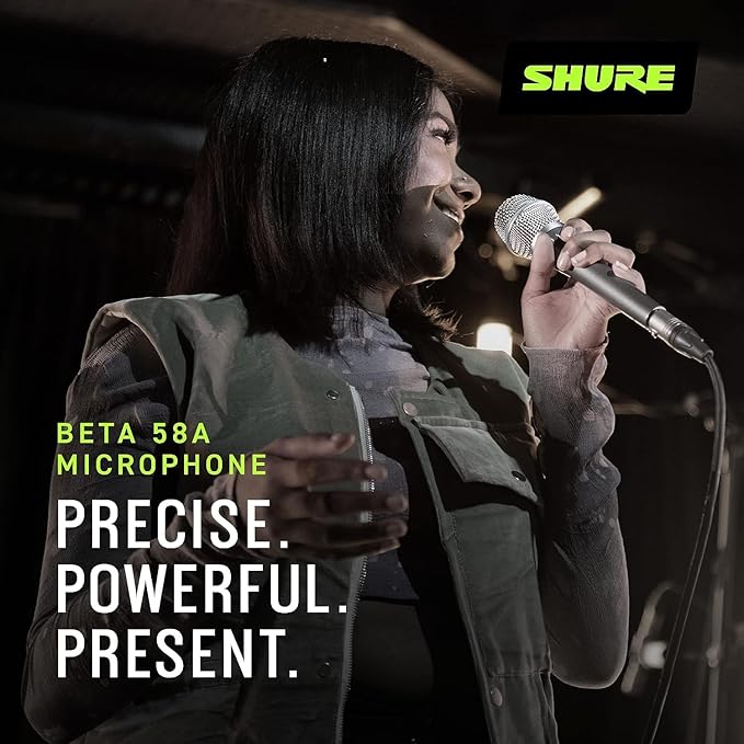 Shure BETA 58A Vocal Microphone - Single Element Supercardioid Dynamic Mic for Stage and Studio, Includes XLR Cable, A25D Adjustable Stand Adapter, 5/8” to 3/8” (Euro) Thread Adapter and Storage Bag