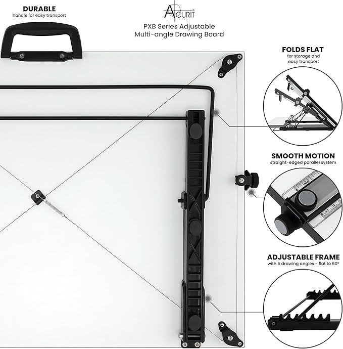Acurit Multi-Angled 30”x42” PXB Drawing Board for Artists and Designers - Portable Tabletop Workspace, Drawing, Sketching, Drafting, Painting - Portable Laminated Surface w/Ruler & Parallel Motion Bar