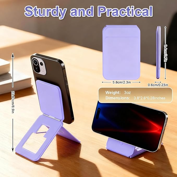 Magnetic Phone Stand, Compatible with All Smartphones 17/16/15/14/13/12 Series, Slim PU Leather Desk Stand with Multi-Angle Adjustment, Portable & Includes 1 Strong Magnetic Ring for Any Phone(Purple)