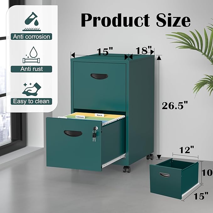 SteeLoong 2 Drawer File Cabinet with Lock,Green Rolling File Cabinet for Home Office,Printer Stand, Metal Small Mobile Filing Cabinets on Wheels for Hanging Letter