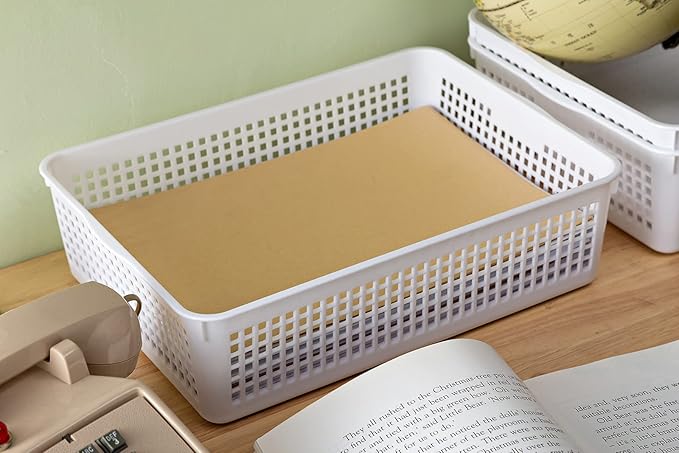 Eslite A4 Size Plastic Storage Basket,Desktop File Paper Letter Organizer Tray, 6-Packs (White+Black)