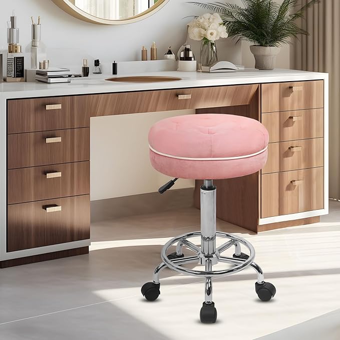 KLASIKA Velet Rolling Bar Stool with Wheels, Tall Drafting Stool with Adjustable Height and Footrest, Multi-Purpose Office Desk Chair for Home Kitchen Shop Work, Pink (2PK)