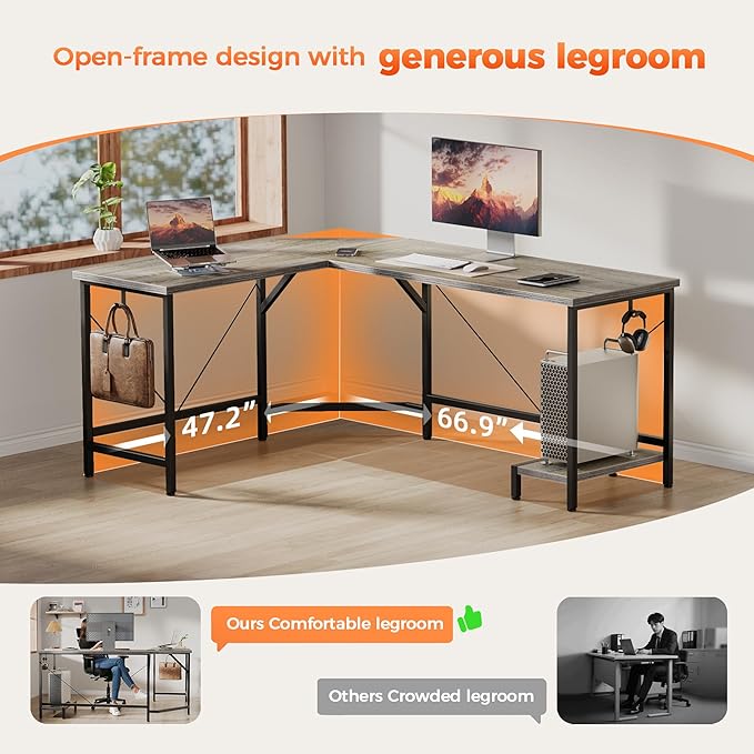 Mericonia 66 inch Large L Shaped Desk, Simple Corner Gaming Desk with CPU Stand & Hooks, Computer Desk for Home, Bedroom & Office Workspace, Grey
