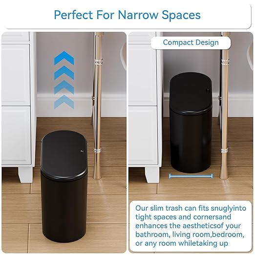 Yieach 3.17 Gallon Thin Small Black Bathroom Trash Can with Lid,12L Small Pet/Dog Proof Slim Trashcan and Skinny Covered Trash Can,Plastic Covered Wastebasket,Garbage Can for Kitchen,Office,RV,Bedroom