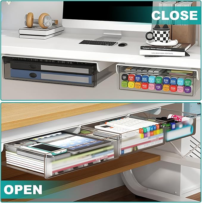SVNNELP Under Desk Table Drawer Storage Organizer,3 Pack Small & Medium & Large Slide Out Desk Drawers - Hidden Desktop Organizer,Adhesive Storage Pencil Tray Under Table(Clear/LMS)