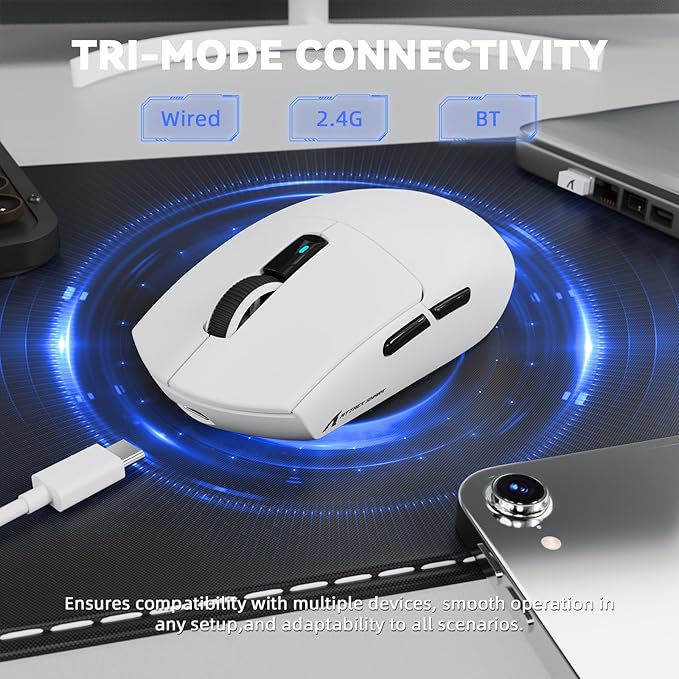 MAMBASNAKE ATTACK SHARK G3PRO Wireless Gaming Mouse, Tri-Mode, Bluetooth/2.4G/USB, 59g Ultra Lightweight,25K DPI,100M Clicks Switches,RGB Magnetic Charging Dock,PAW3311 Sensor,BK52820 Chip-White