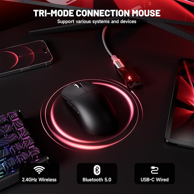ATTACK SHARK X8 Ultimate Wireless Gaming Mouse,PAW3950MAX 42K DPI Sensor,Nordic 54L15 MCU,Wireless/Wired Dual 8K Polling,Optical Switch,59g Lightweight 2.4GHz/BT/Wired Mice with Coiled Cable-Black