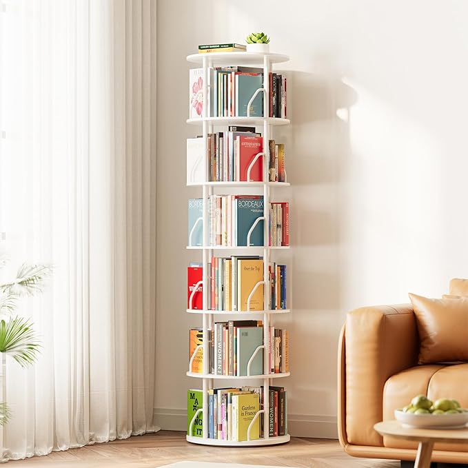 SpaceAid 6 Tier Rotating Bookshelf Tower, 360 Display Stackable Spinning Bookcase, Space Saving Revolving Round Book Shelf, Floor Standing Swivel Corner Organizer, White