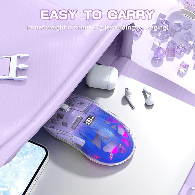 ZIYOU LANG A2 Transparent Wireless Gaming Mouse with Battery Level Display,Bluetooth/2.4G Wireless PC Mice,3D RGB Backlit,5 Million Clicks,PixArt 3212,up to 4000 DPI for Win/MAC,Purple