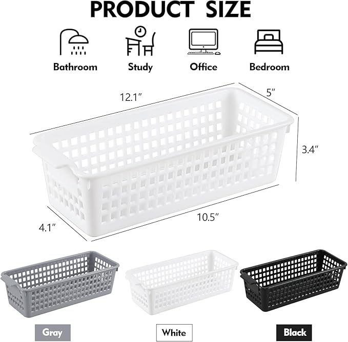 Anbers 4 Pack Slim Storage Baskets for Shelves, Small Plastic Organizing Baskets, White