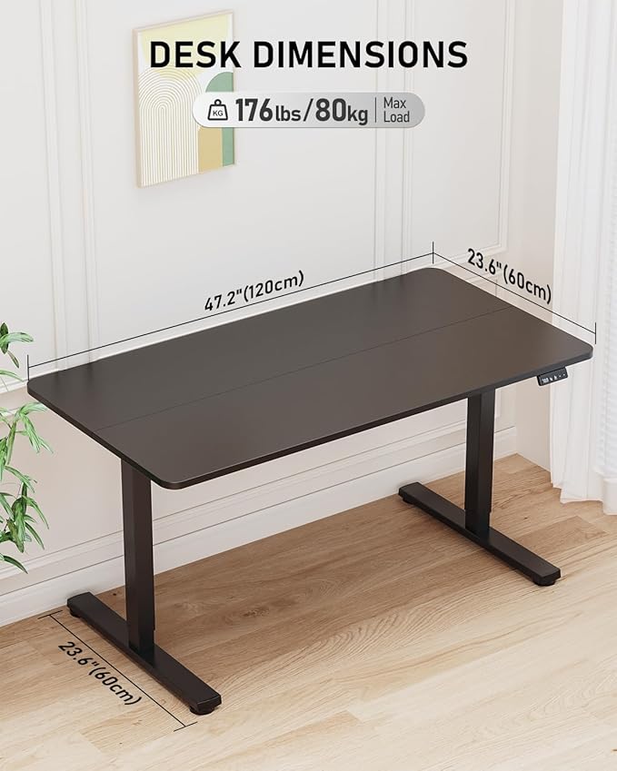 48" Electric Standing Desk Adjustable Height, Sit Stand up Desk for Home Office & Computer Workstation, 2 Memory Height Settings, Splice Board, 2 Hooks, Black Frame/Black Top